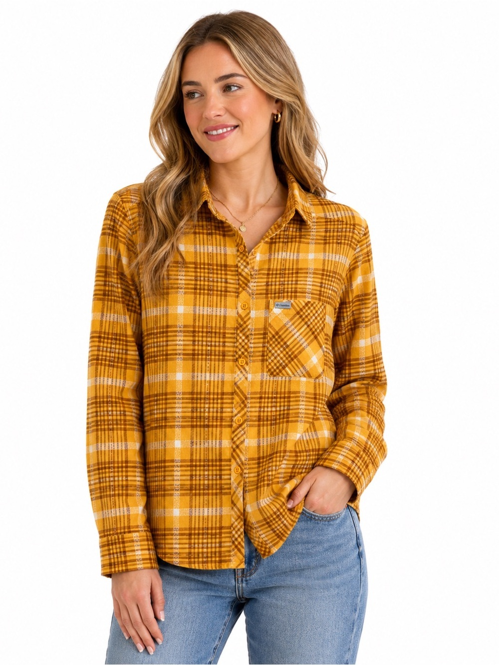 Columbia Women’s Small Mustard Yellow Plaid Flannel Shirt 100% Cotton Button Up
